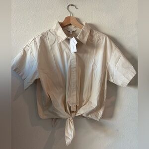 Banana Republic Light Cream Short-Sleeve Button-Up Tie-Front Shirt